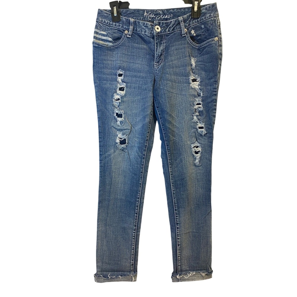 Ariya Jeans Womens 9/10 Distressed Skinny Denim Medium Wash Star Stud‎ Americana